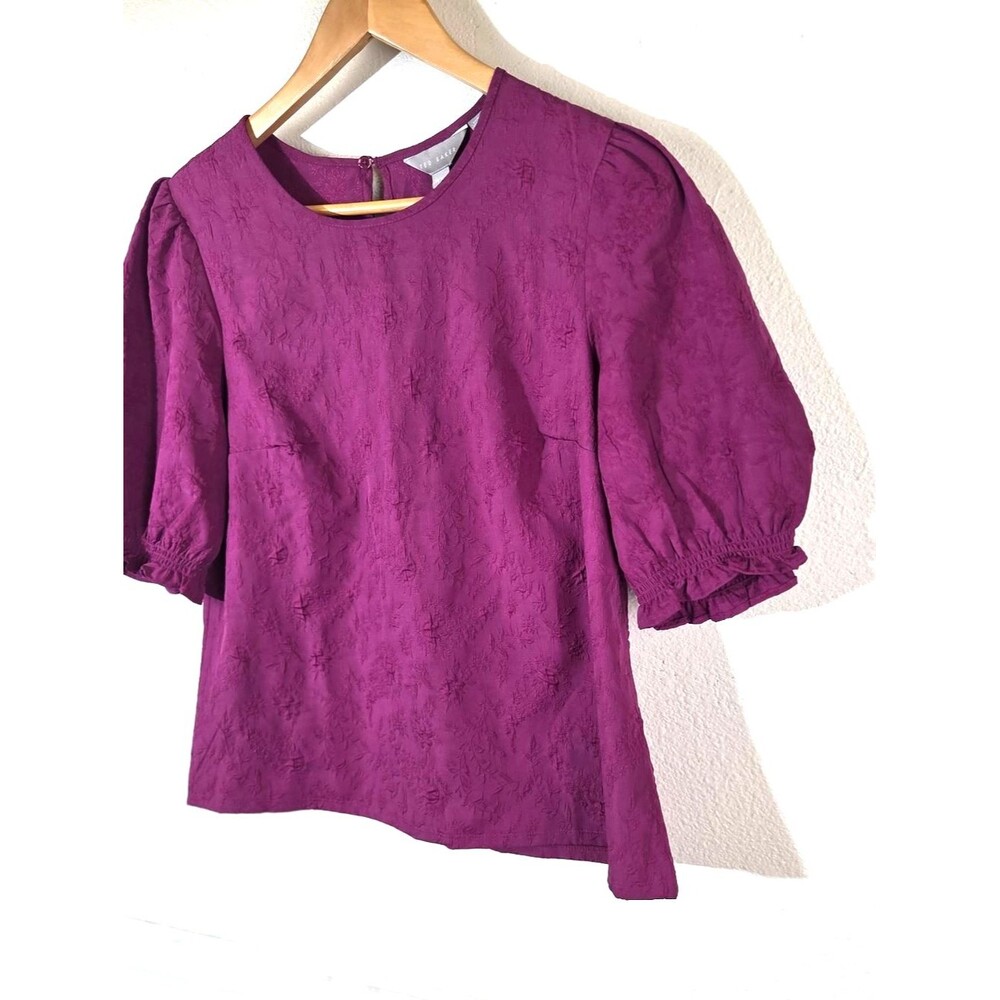 Ted Baker Women’s Purple Textured Floral Puff Sleeve Blouse Top Size M Spot